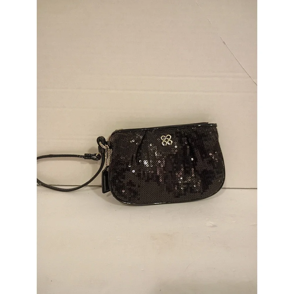 Coach Madison Black Sequin Wristlet Patent Leather Trim Lining Small Bag